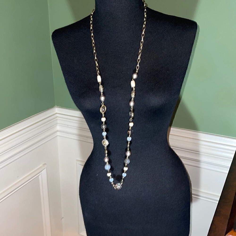 Chico’s necklace iridescent white and gold beads 40”